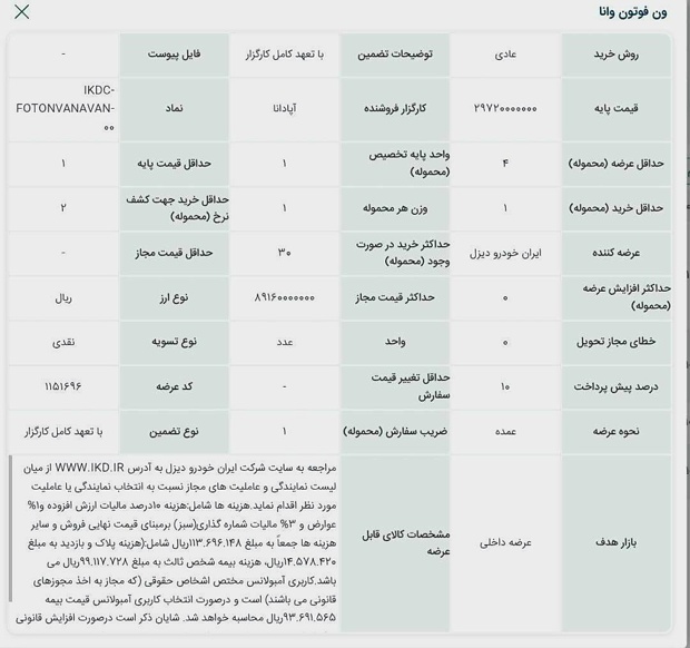 جدول عرضه ون وانا ایرانخودرو دیزل در بورس کالا